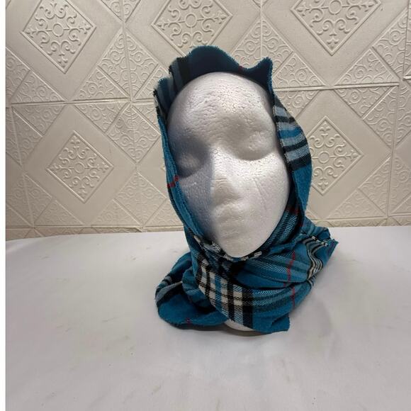 SCARF blue Flannel look teal red black white 12.5 x 65.5" with fringe extra - Picture 4 of 8